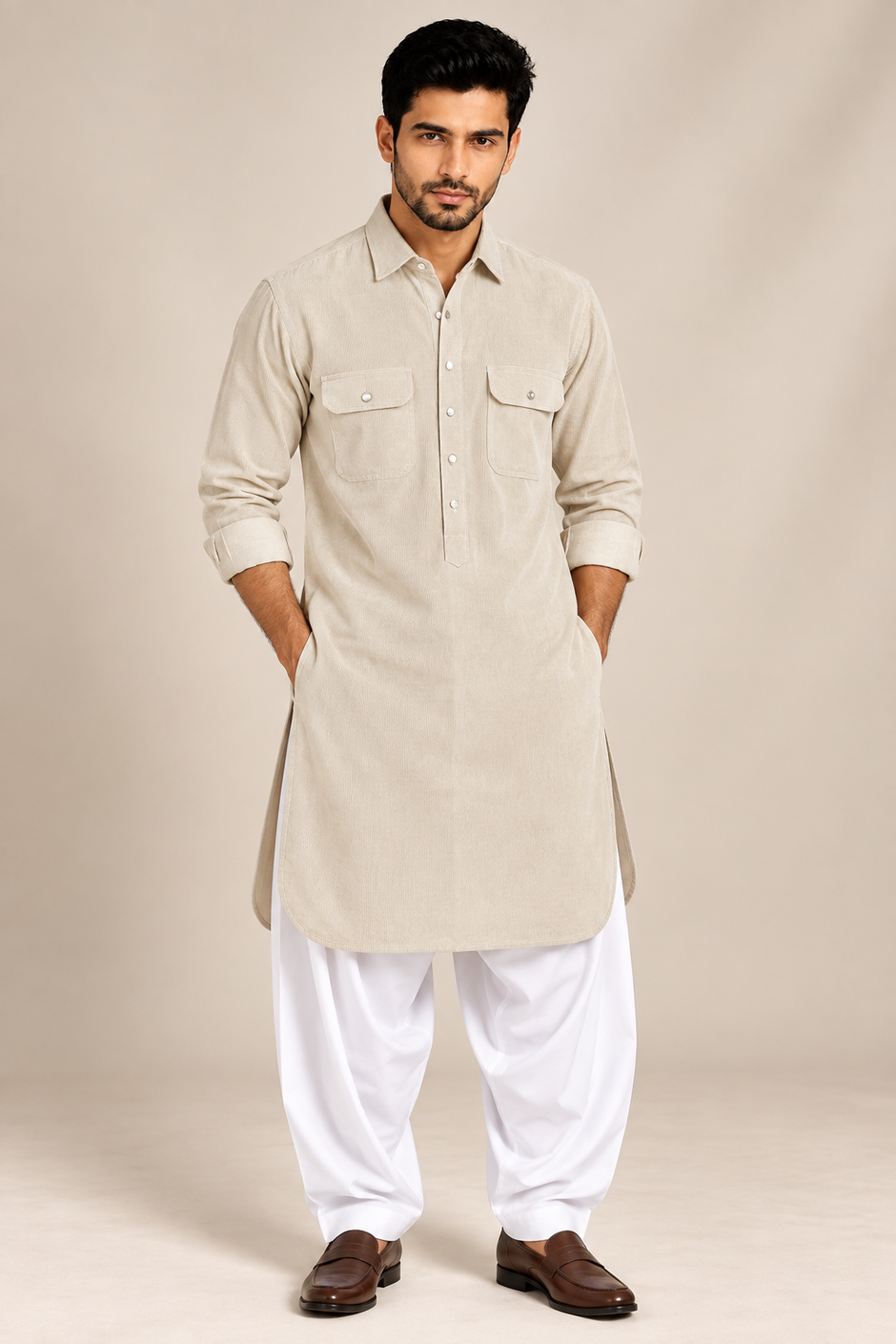 Translation missing: en.Off White Corduroy Pathani Kurta White Salwar Set
