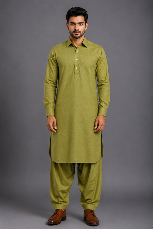 Translation missing: en.Olive Green Linen Cotton Pathani Kurta Set
