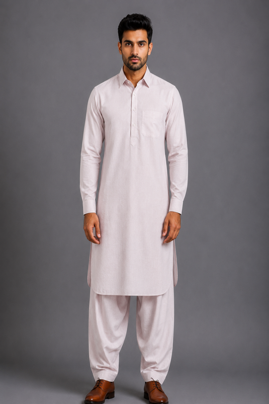 Translation missing: en.Pastel Pink Linen Cotton Pathani Kurta Set