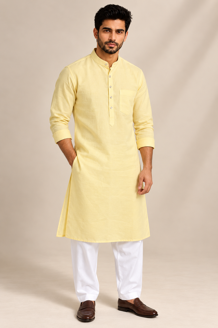Translation missing: en.Pastel Yellow Linen Cotton Kurta