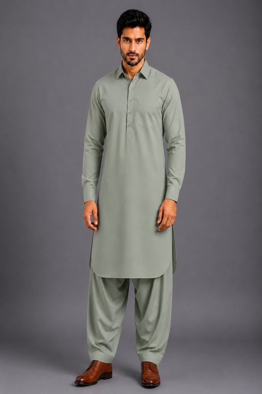 Translation missing: en.Sage Green Bamboo Cotton Pathani Kurta Set