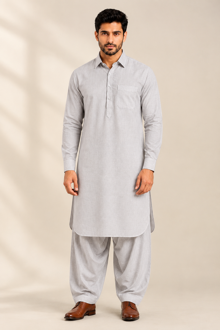 Translation missing: en.Silver Grey Cotton Slub Pathani Kurta Set