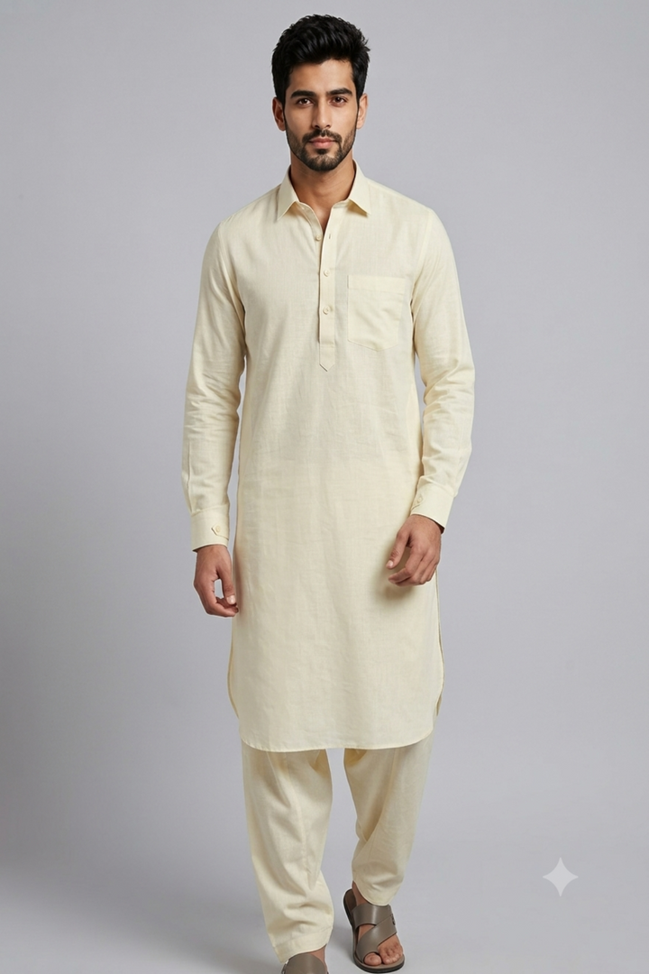 Translation missing: en.Soft Beige Linen Cotton Pathani Kurta Set