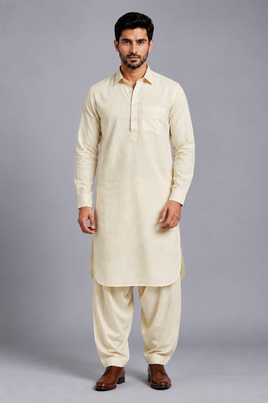 Translation missing: en.Soft Beige Linen Cotton Pathani Kurta Set