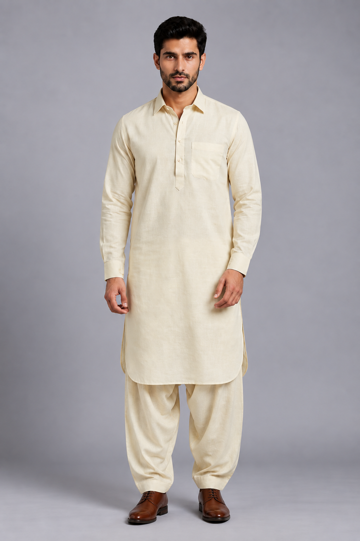 Translation missing: en.Soft Beige Linen Cotton Pathani Kurta Set