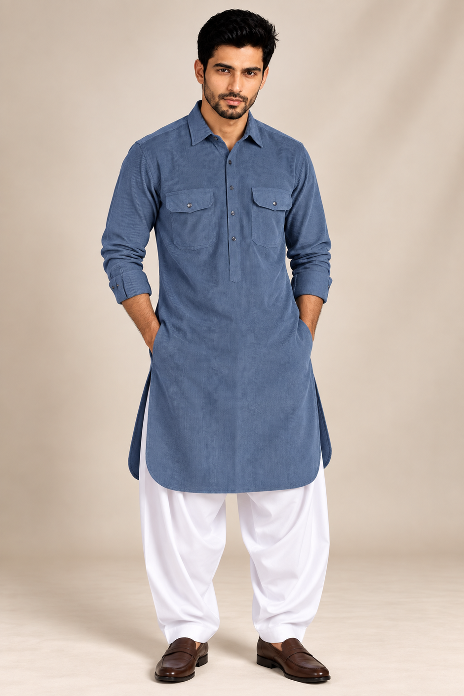 Translation missing: en.Steel Blue Corduroy Pathani Kurta with White Salwar