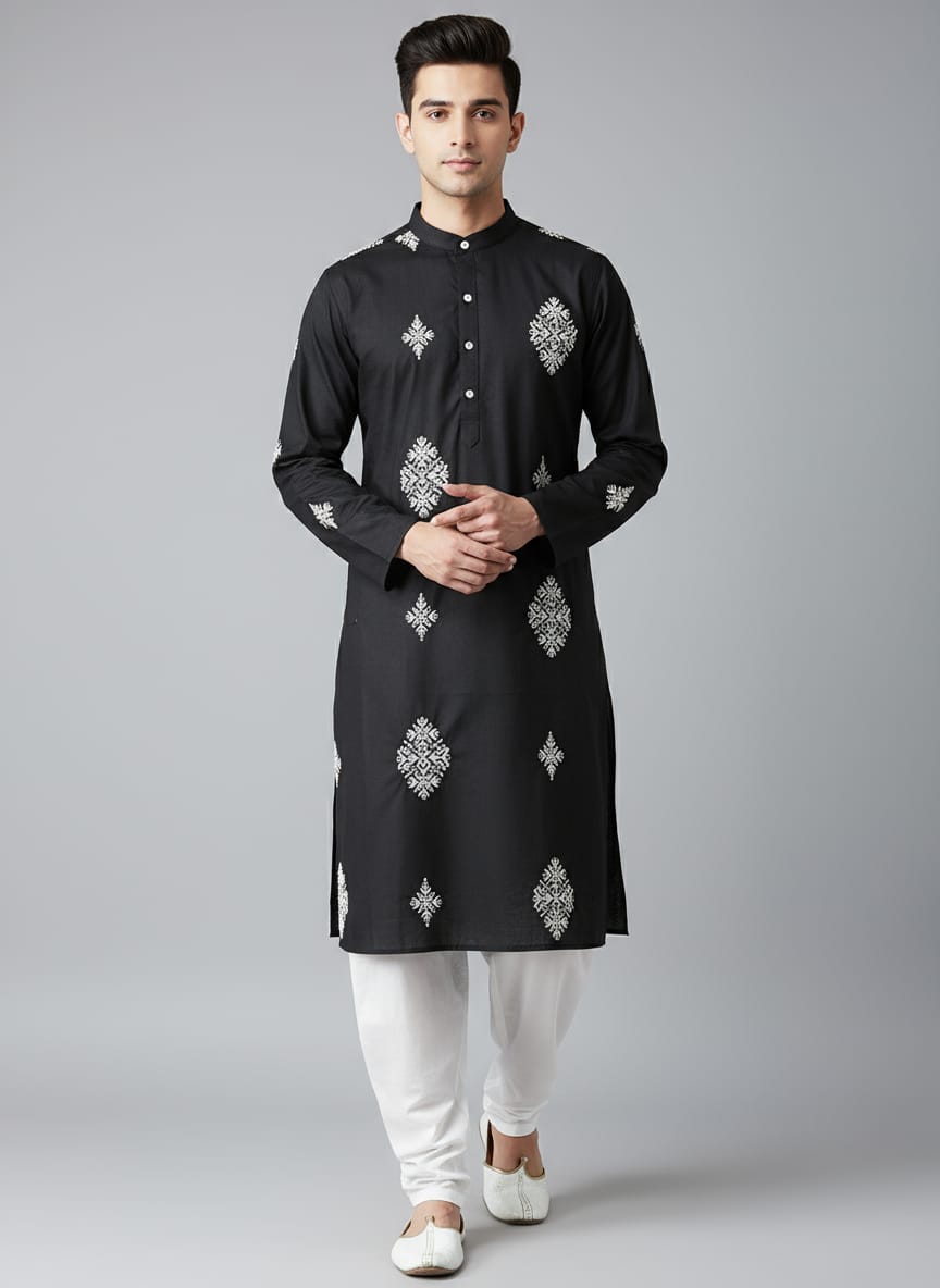 Embroidered Kurta with white Pant cut Pajama