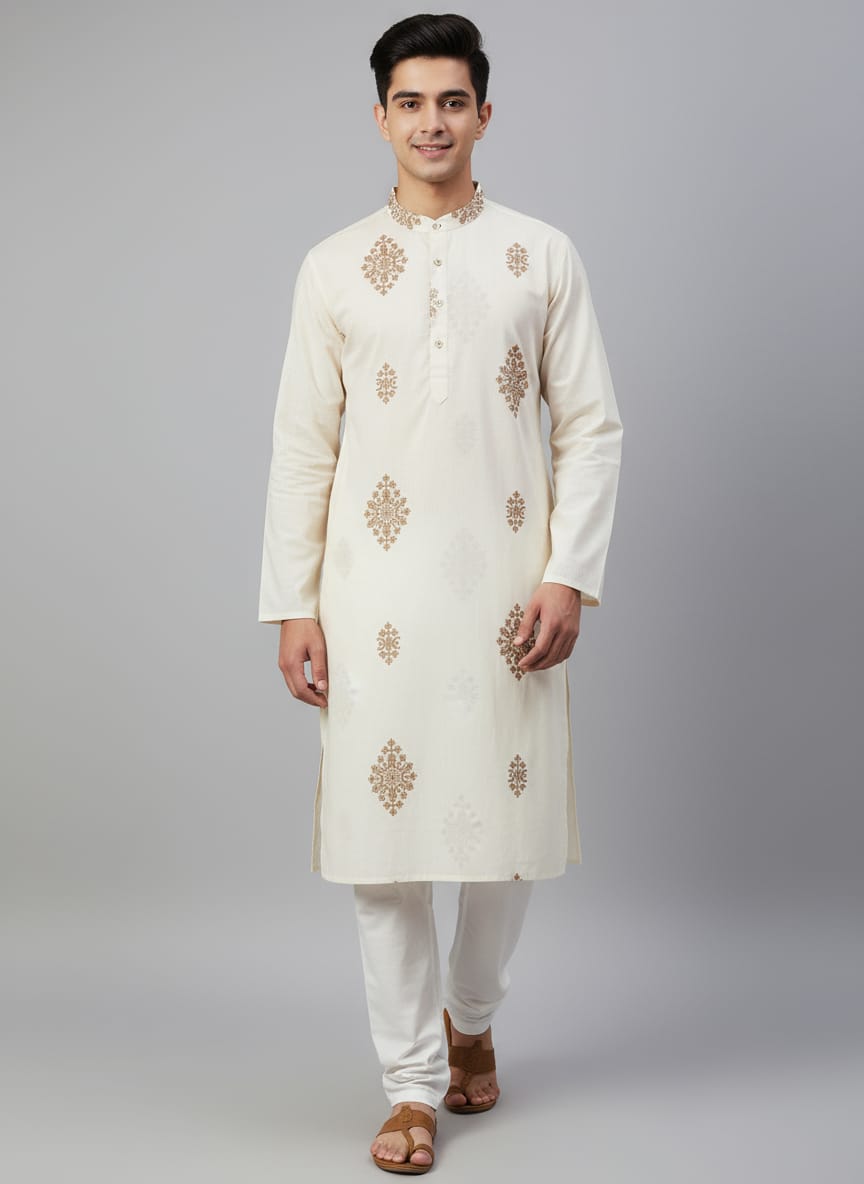 Embroidered Kurta with White Pant Cut Pajama