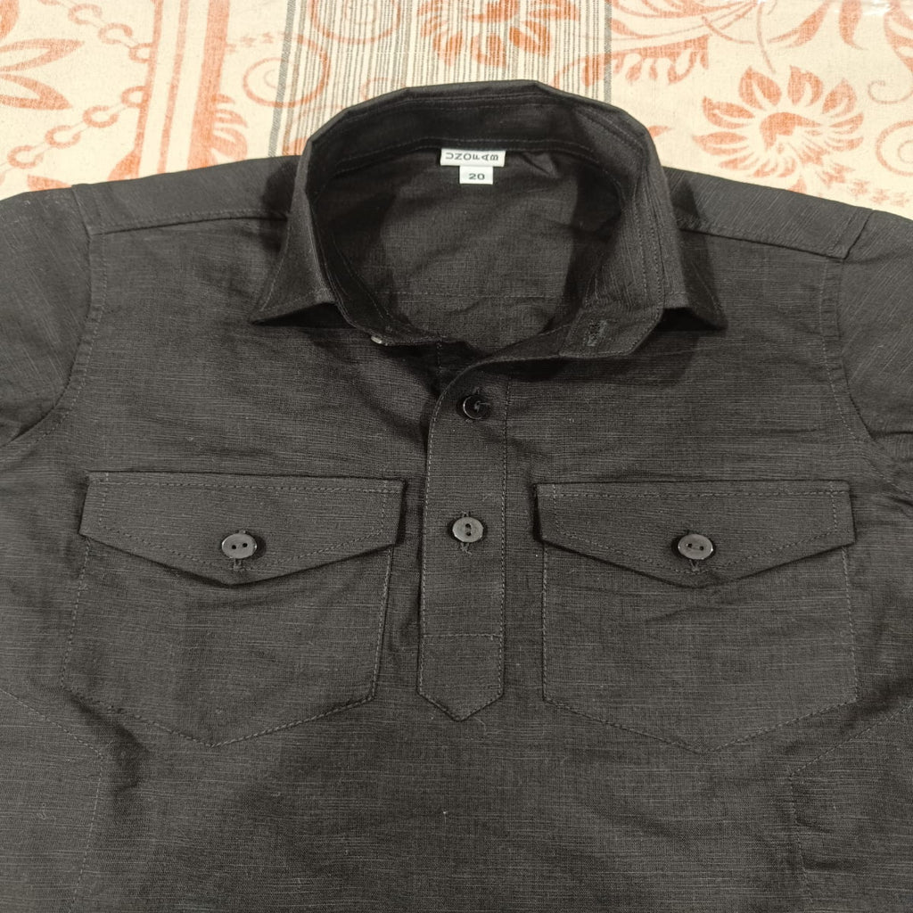 Kids Linen Black Pathani Kurta Set