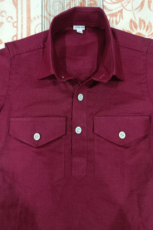 Translation missing: en.Kids Linen Cotton Red Wine Pathani Kurta Set
