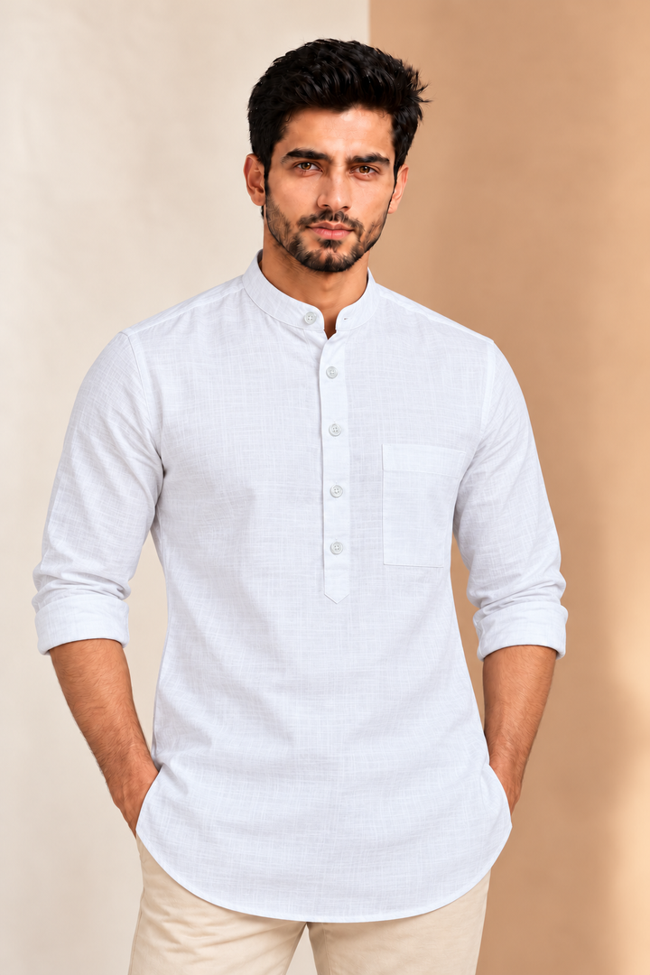 Translation missing: en.Classic White Textured Cotton Slub Super Short Kurta