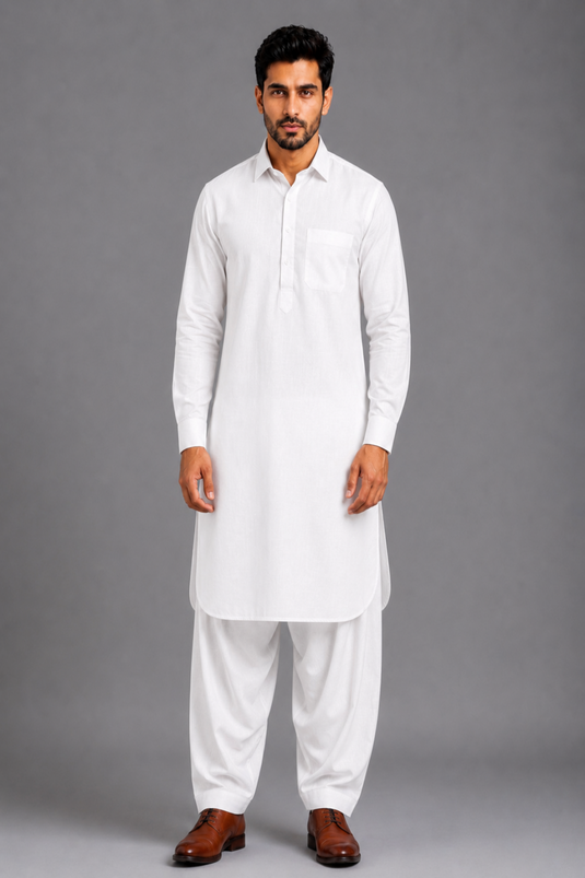Translation missing: en.White Linen Cotton Pathani Kurta Set